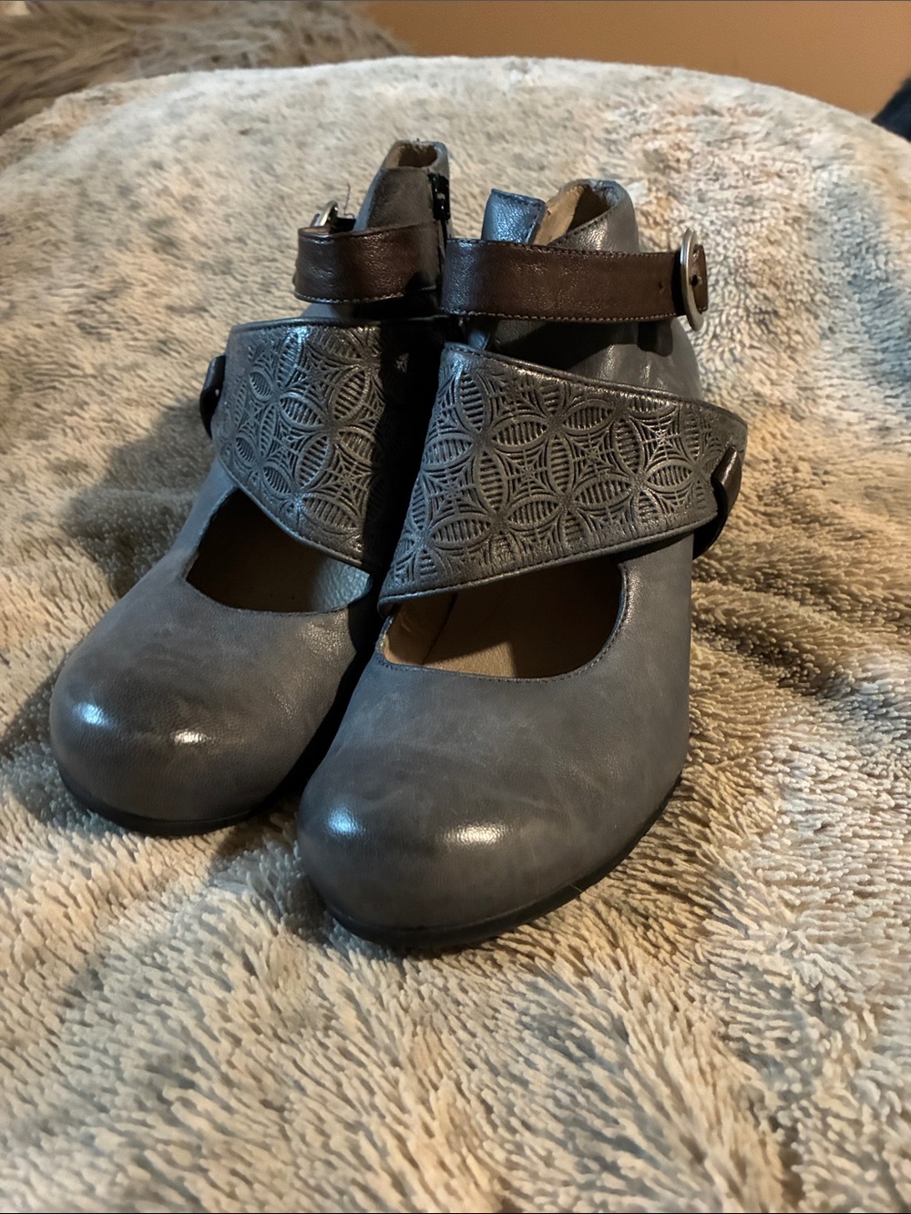 Miz Mooz Gray Leather Embossed Crossover Ankle Strap Heels